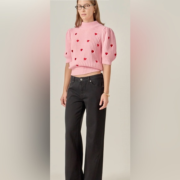 NWT English factory Pink red Heart embroidered puff sleeve Sweater - Picture 3 of 3